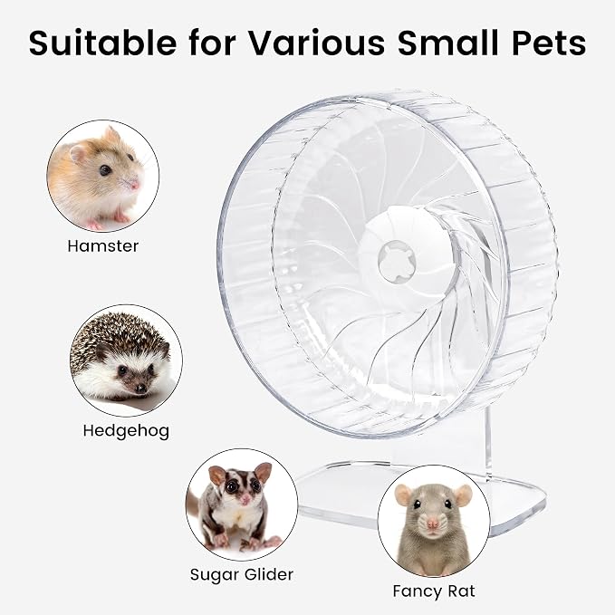 Silent Hamster Wheel, 8in Hamster Wheel with Adjustable Stand, Double-Bearing Quiet Spinner for Syrian Hamsters, Hedgehogs, Mice & Small Pets, Clear