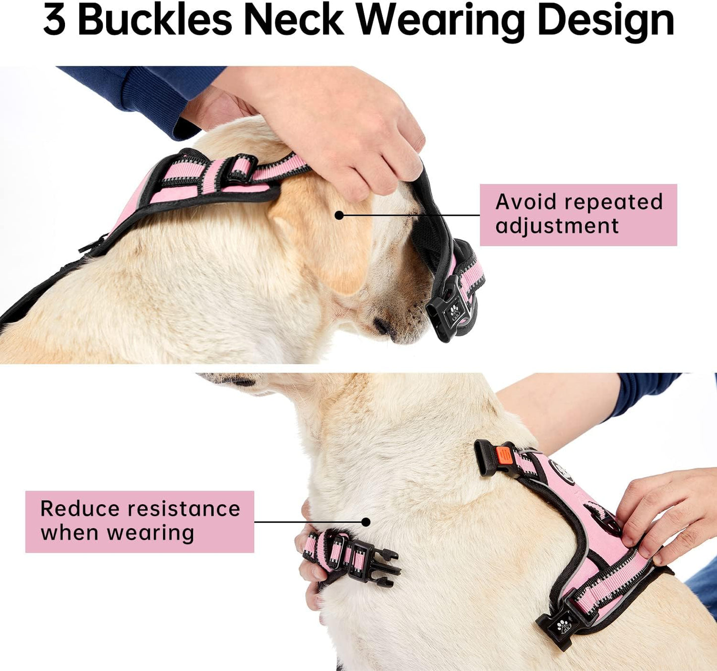 IVY&LANE No Pull Dog Harness for Large Dogs, Dog Vest Harness with Leash, Safety Belt and Storage Strap, Fully Adjustable Harness, 360° Reflective Strip, Soft Handle (Pink, XL)