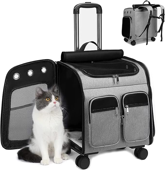 Wheeled Pet Carrier Backpack Pet Stroller,Travel Carrier with Detachable Wheels for Small Dogs Cats Puppies Up to 17 Lbs, Folding Puppy Carrier,Mesh Ventilation Windows, Storage Pockets