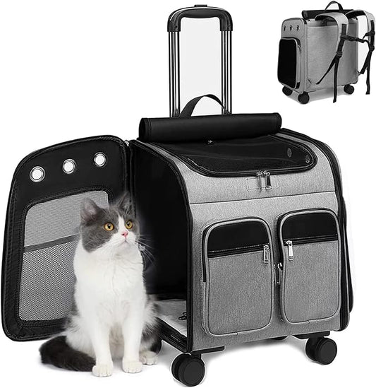 Wheeled Pet Carrier Backpack Pet Stroller,Travel Carrier with Detachable Wheels for Small Dogs Cats Puppies Up to 17 Lbs, Folding Puppy Carrier,Mesh Ventilation Windows, Storage Pockets