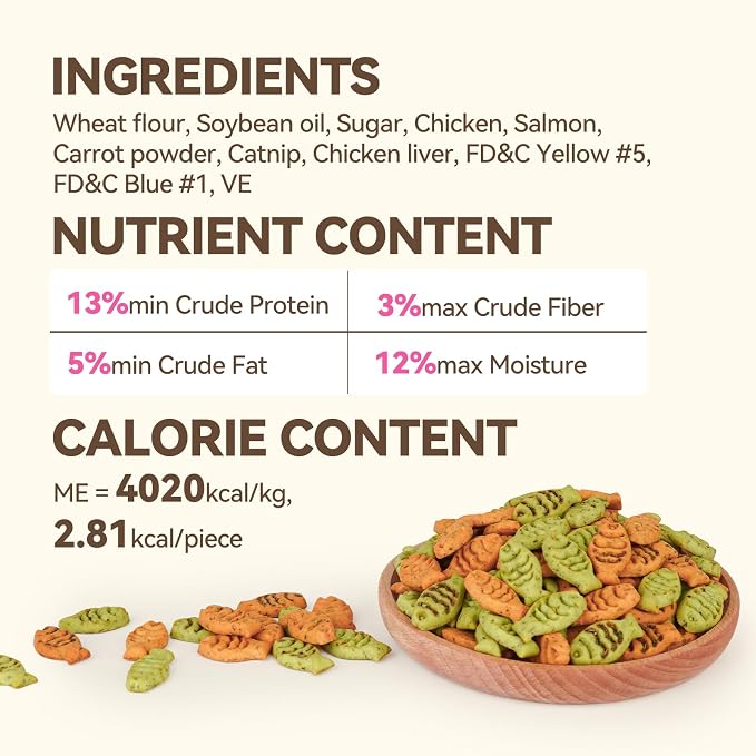 Catnip Cat Treats, Chicken & Salmon Flavor Crunchy Cat Biscuits, Fish-Shaped Training Snacks for Adult Cats, 30 oz