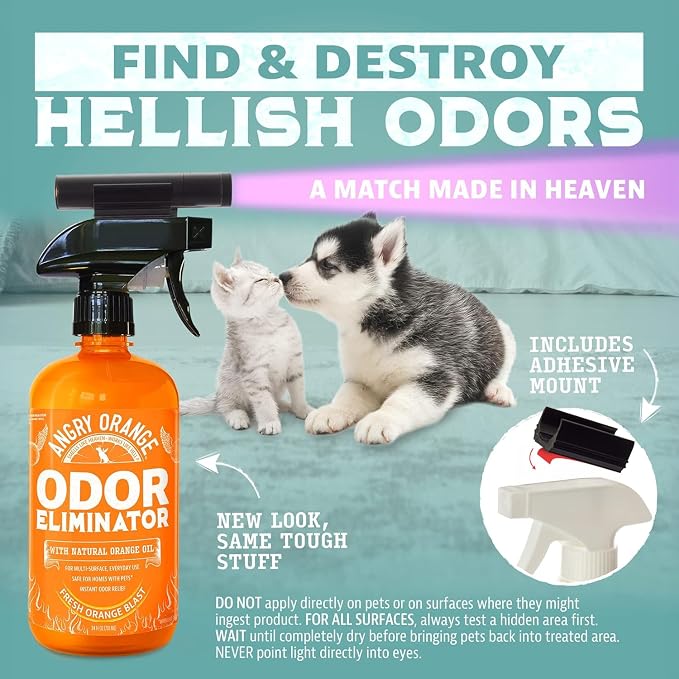 ANGRY ORANGE Pet Odor Eliminator Kit for Dog/Cat Urine, 24oz Citrus Odor Eliminator Spray and Stain Sniper Flashlight - Citrus Scent