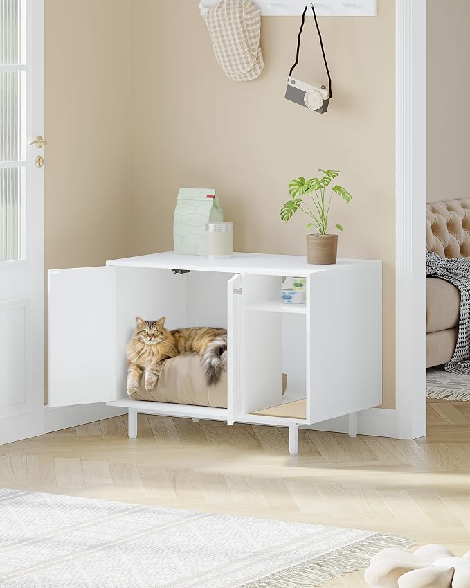 Hzuaneri Cat Litter Box Enclosure,Hidden Litter Box Furniture with Storage, Large Wooden Cabinet with Sisal Mat, Modern Cat Washroom for Living Room, Bedroom, Entryway, White CB01513W
