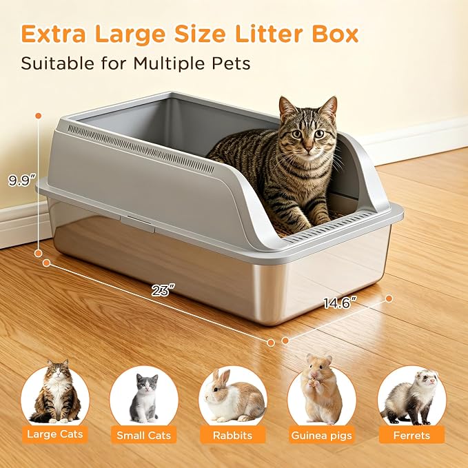 Aphyxen 2Pack XL Stainless Steel Litter Box with High Sides Shield for Multi Cats, 23 "L x 14.61 "W x 9.9 "H Open Top Cat Box for Big Cats, Anti-Leak Non-Stick Odor Control, 2 Scoops (Light Grey)
