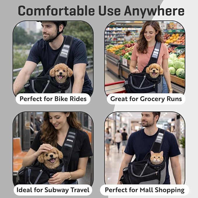 Hands-Free Sling Pet Carrier for Cats and Small Dogs up to 7lbs – Travel Set Includes Foldable Water Bowl & ID Card – Breathable Mesh, Safety Hook & Adjustable Padded Strap for Walking & Travel