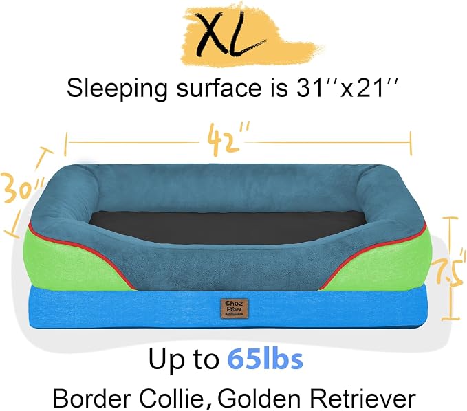Chez Paw Large Orthopedic Dog Bed for Extra Large Dogs, Waterproof XL Egg-Crate Foam Dog Bed with Removable Washable Cover & Non-Slip Bottom, 4-Sided Bolster Support, Blue Lime 42"x30"x7.5"