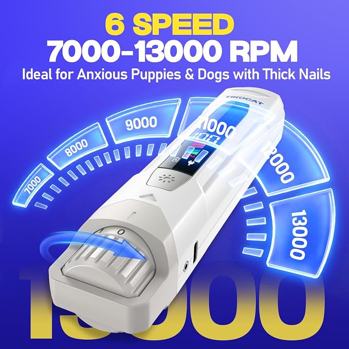Whisper-Quiet Dog Nail Grinder, 50% More Powerful 6-Speed Pet Nail Trimmer with LED Display & 4 LED Lights, 3 Grinding Bits, No Over-Cutting, Stress-Free Grooming for Dogs, Cats & All Sensitive Pets