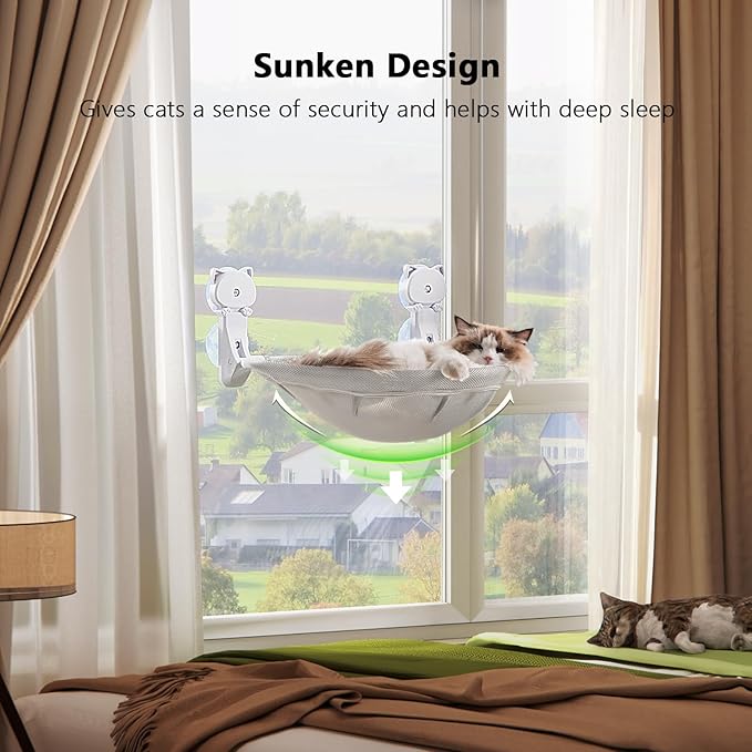JUNSPOW Cat Window Perch Cordless, Foldable & Stable Cat Beds- Breathable Cat Window Hammock for Overlooking, Sunbathing and Climbing - Maximum Hold Up to 40lb