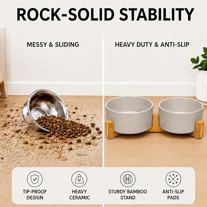 SPUNKYJUNKY Ceramic Dog and Cat Bowl with Wood Stand Non-Slip Matte Glaze Weighted Food Water Set for Cat Medium Dog 28.7 OZ