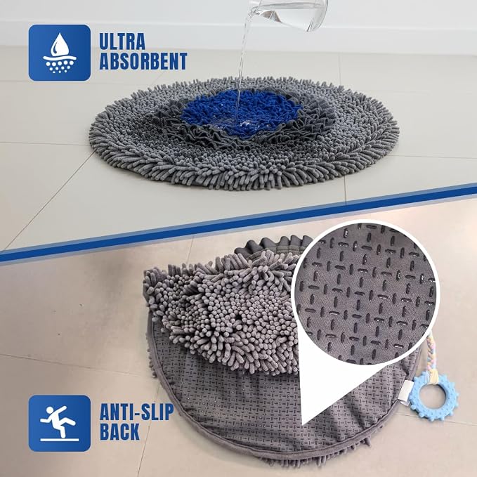 Muddy Mat® Round Chenille & Fleece Snuffle Mat for Dogs – Dual Material Dog Enrichment Mat with Chenille & Fleece Layers, Nonslip Waterproof Base, Interactive Slow Feeding & Stress Relief Mat 19"x19"