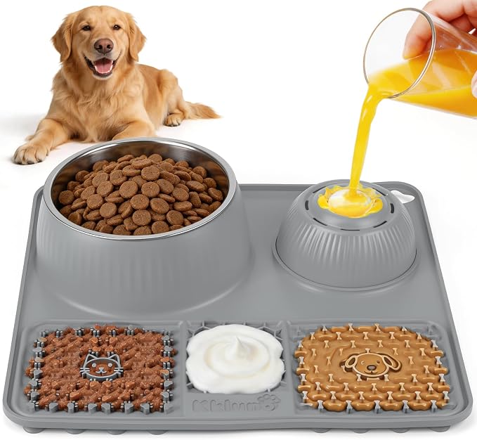 Dog Lick Bowl with Rolling Ball for Liquid and Thick Treat—3 in 1 Slow Feeder Dog Bowls+Lick Mat+50oz Stainless Steel Food Bowl,Anti-Slip 5/6 Cup Licking Toy for Medium Large Dogs and Cats Grey