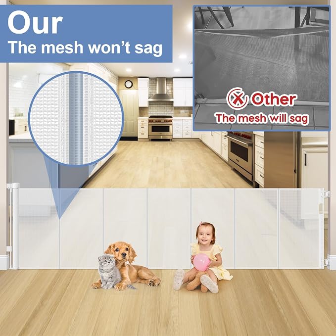 Reinforced 90 Inch Wide Retractable Baby Gates for Doorways Extra Wide Outdoor Retractable Gate for Dogs Reinforced Bottom to Prevent Crawling Through Mesh Baby Gate Long Dog Gates Indoor Extra Long