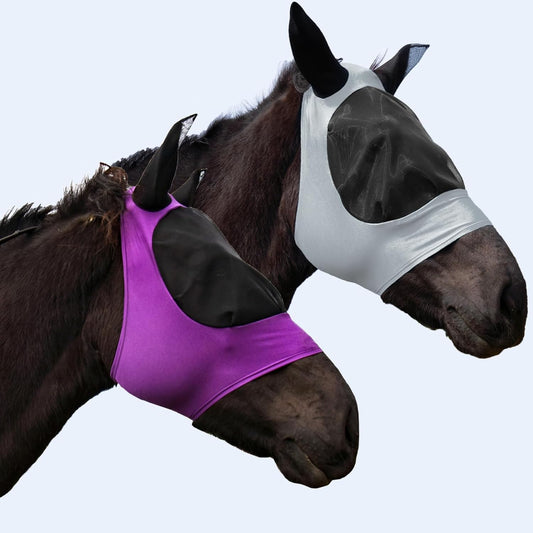 2 Piece Horse Fly Mask with Ears, Comfortable Fit Stretch Fabric Big Eye Space Soft Breathable with UV Protection for Full Horses (Purple-Gray)