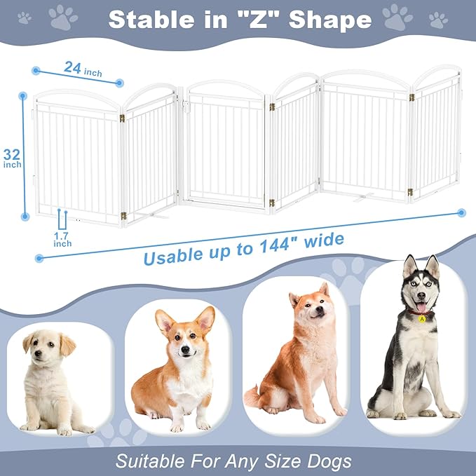 Full Metal Free Standing Dog Gate with Door for Indoor Outdoor, 144'' Extra Wide 32'' Tall Dog Gate for Doorways,Large Openings,Decks,Freestanding Portable Pet Fence(6 Panels,White)