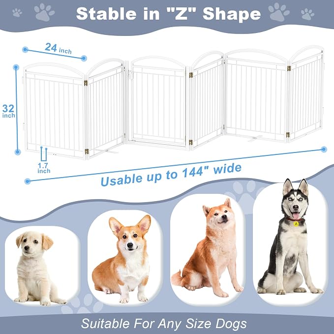 Full Metal Free Standing Dog Gate with Door for Indoor Outdoor, 144'' Extra Wide 36'' Tall Dog Gate for Doorways,Large Openings,Decks,Freestanding Portable Pet Fence(6 Panels,White)