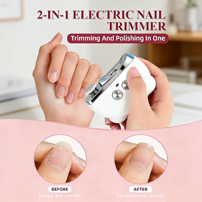 Electric Nail Clippers, Electric Nail Trimmer with LED Light & Nail Filer, Automatic Toenail Clipper with Polishing, Rechargeable Electric Nail Clipper for Seniors, Women, Men (White)