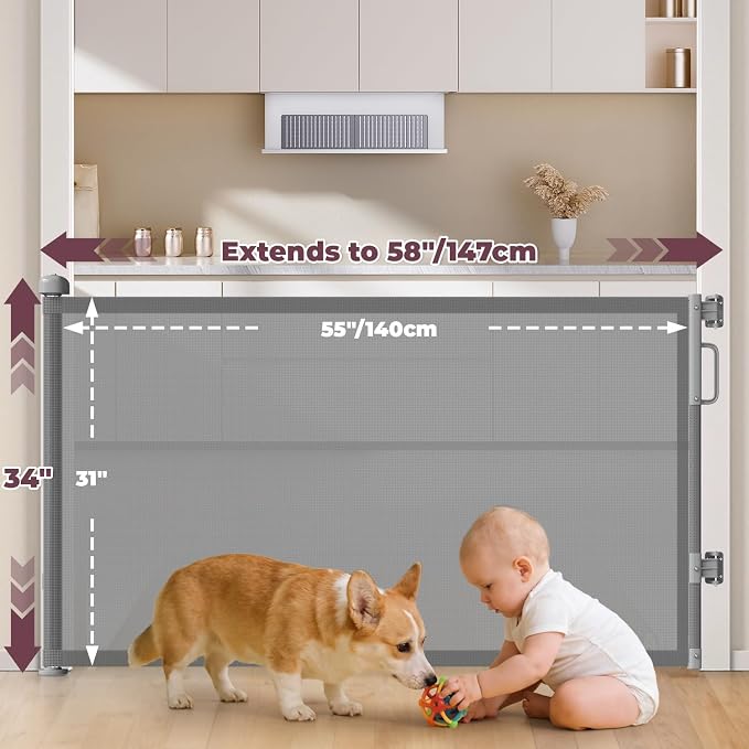 2Pack Retractable Baby Gates for Stairs, 58" Extra Wide Mesh Dog Gate for Doorways, Child Gate for Toddler Pet, Indoor and Outdoor Use, Easy Install, 34" Height, Gray