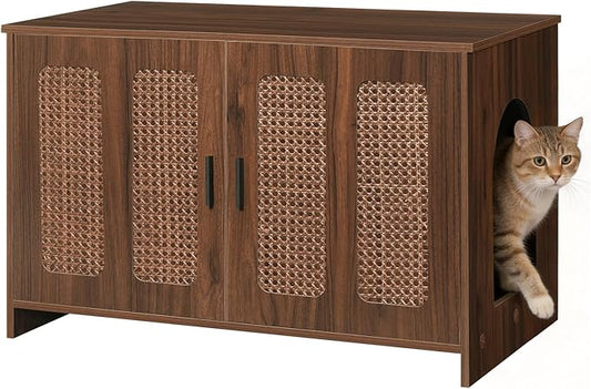 HOOBRO Farmhouse Cat Litter Box Enclosure, Hidden Litter Box Furniture with Side Entry & Vents, Litter Box Cabinet with Double Woven Doors, Side Table for Living Room, Bedroom, Walnut WL33MW01