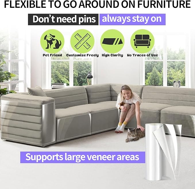 Thicken Cat Scratch Furniture Protector, 165"x15" Couch Protector from Cat Claws, Single-Sided Sticky Furniture Protectors From Cats Scratching, Extended Size Protects More Furniture+50 Fixing