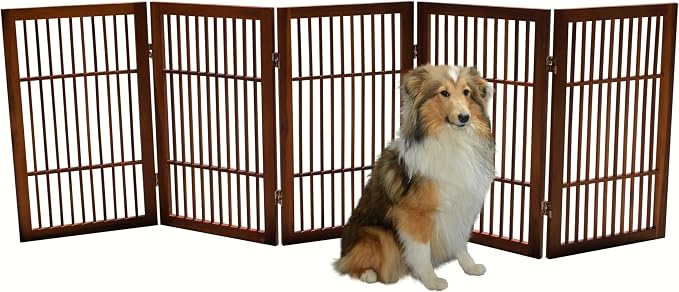 Urnporium Pet Dog Gate Freestanding, Strong Durable Folding Wooden Fence, Portable Acacia Hardwood Safety Barrier for Indoor & Outdoor Use (Brown Pet Gate, 5 Panel 30" Tall)