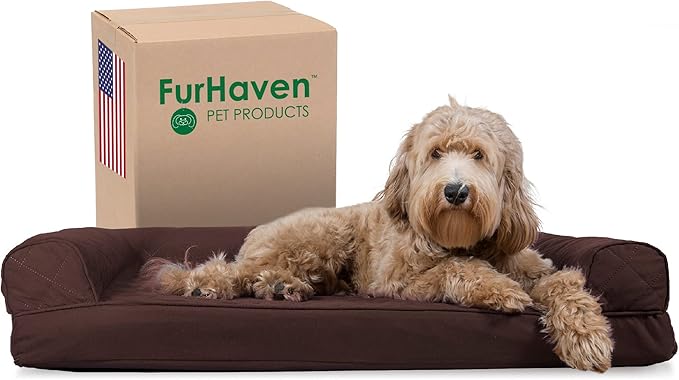 Furhaven Cooling Gel Dog Bed for Large/Medium Dogs w/ Removable Bolsters & Washable Cover, For Dogs Up to 55 lbs - Quilted Sofa - Coffee, Large