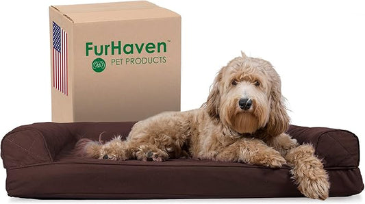 Furhaven Cooling Gel Dog Bed for Large/Medium Dogs w/ Removable Bolsters & Washable Cover, For Dogs Up to 55 lbs - Quilted Sofa - Coffee, Large
