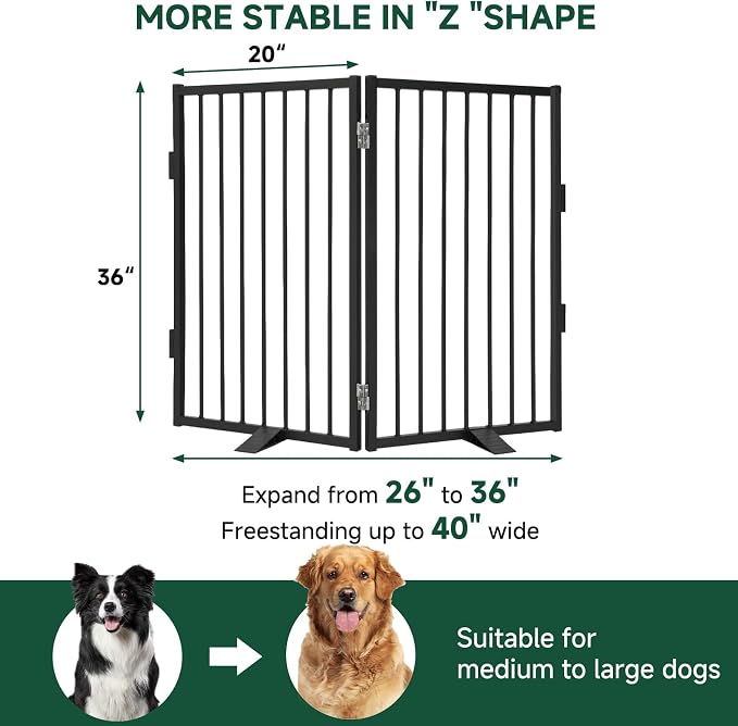 Snagle Paw Metal Freestanding Dog Gate,40” W x 36” H Dog Fence with Support Feet for Doorways, Stairs and Hallways, Portable Pet Gate for Indoor Use (2 Panel, Black)