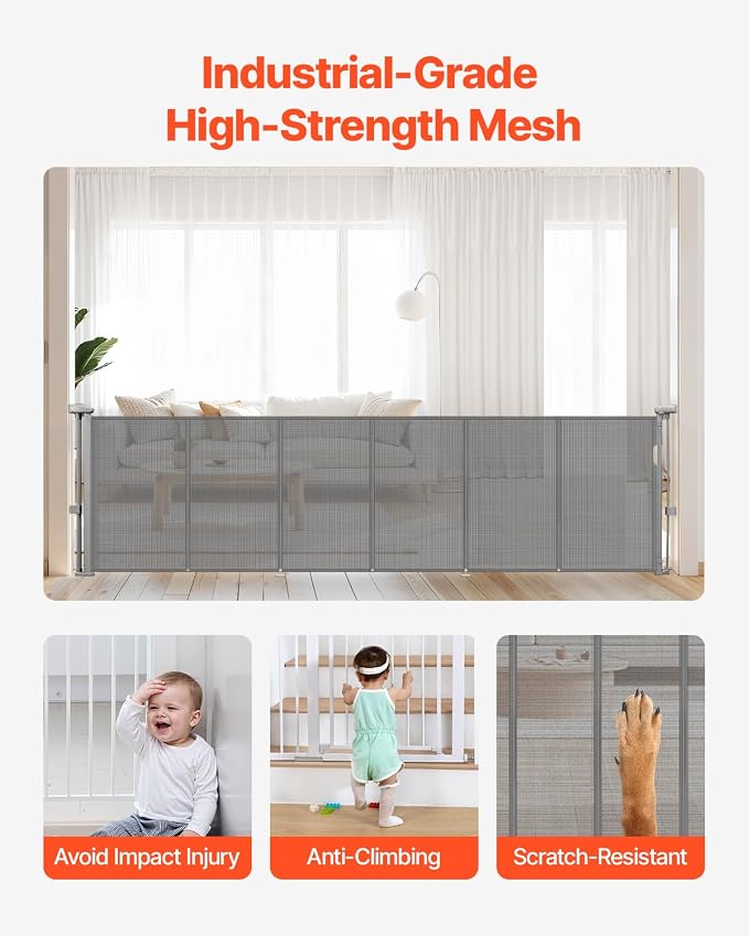 VEVOR Retractable Baby Gate, 34 inch Tall, Extends up to 110 inch Wide, Retractable Gate for Kids or Pets, Mesh Material, Easy to Install for Indoor Stairs, Doorways, Hallways, Playrooms, Gray