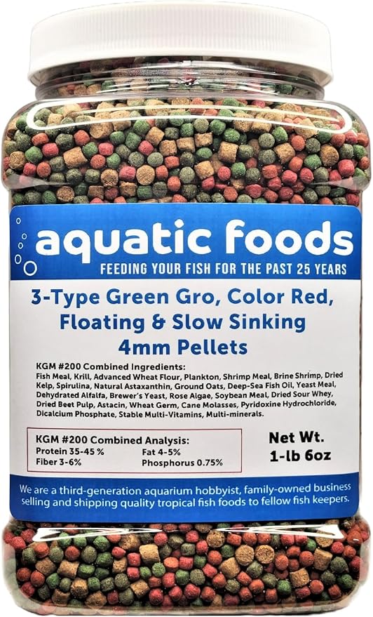 3-Type Blend of 4mm Floating Green GRO & Color Red Floating Pellets & 40% Protein Slow Sinking 4mm Pellets for All Tropicals & Pond Fish. KGM-200…1-lb 6oz Med Jar