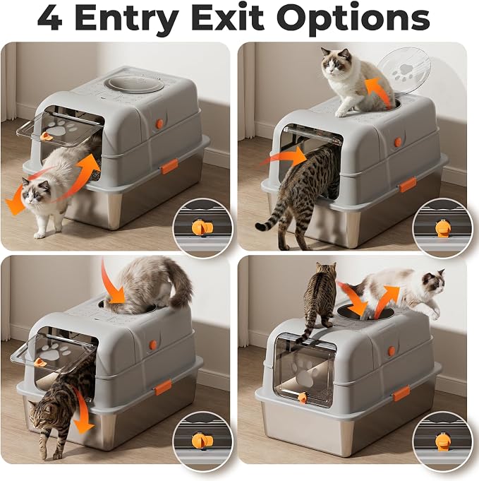 24″Lx16″Wx15″H Non-Stick Stainless Steel Litter Box with Lid, No-Mess Odor Control Anti-Leak Cat Litter Box, 3-in-1 Fully Enclosed High-Sided Litterbox with Flip Top (Gray)