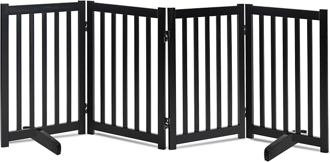 LZRS Freestanding Extra Wide Dog Gate 30 inch Tall - 4 Panels Solid Wooden Pet Gate for Doorways, Stairs, Hallways,Kitchens& Long Areas, Expandable & Foldable with Support Feet,Indoor Use,Black