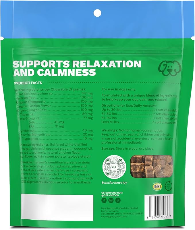Get Joy Calming Chews Anxiety Supplement for Dogs, Vet Recommended Soft Daily Relaxation & Stress Relief Support with Valerian Root & Chamomile, Made in USA - 90 Count