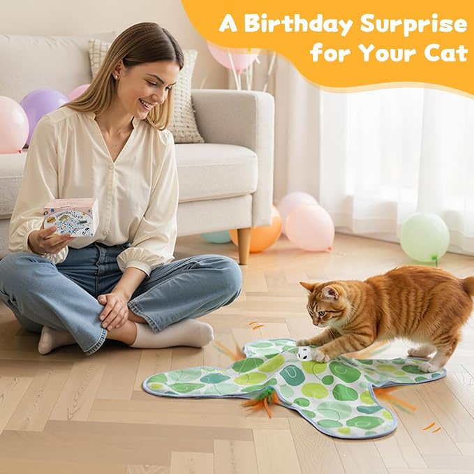 Interactive Cat Toys for Indoor Cats, Hide and Seek Cat Toy, 2 in 1 Automatic Moving Concealed Feathers Cat Toy Mat, Non-Slip Suction, Touch Activated, USB Rechargeable, Green
