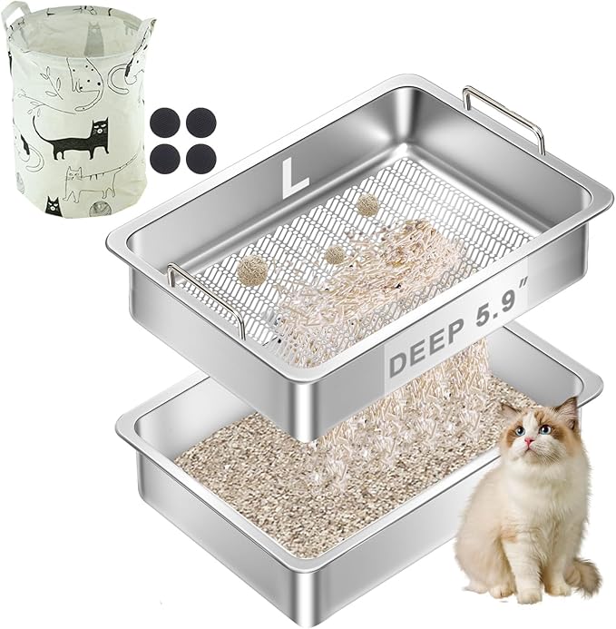 Stainless Steel Sifting Cat Litter Box for Clumping Clay Litter,Large Metal Litter Box with Litter Bag,Sifting Tray and Handle for Easy Lifting, Odor Control (19.7" x 13.7" x 5.9")