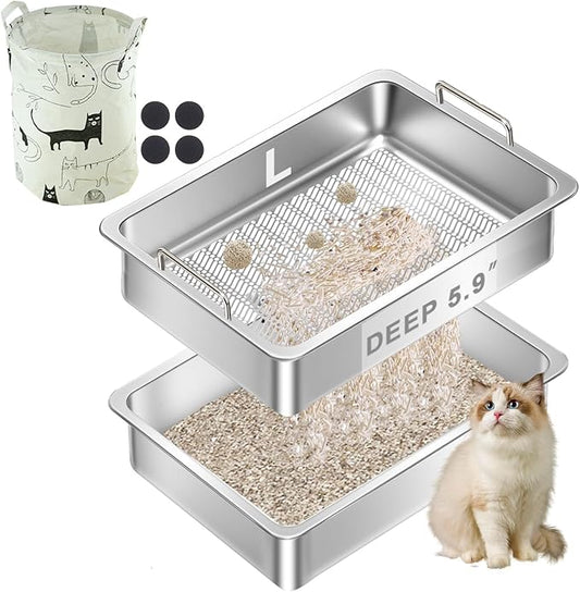 Stainless Steel Sifting Cat Litter Box for Clumping Clay Litter,Large Metal Litter Box with Litter Bag,Sifting Tray and Handle for Easy Lifting, Odor Control (19.7" x 13.7" x 5.9")