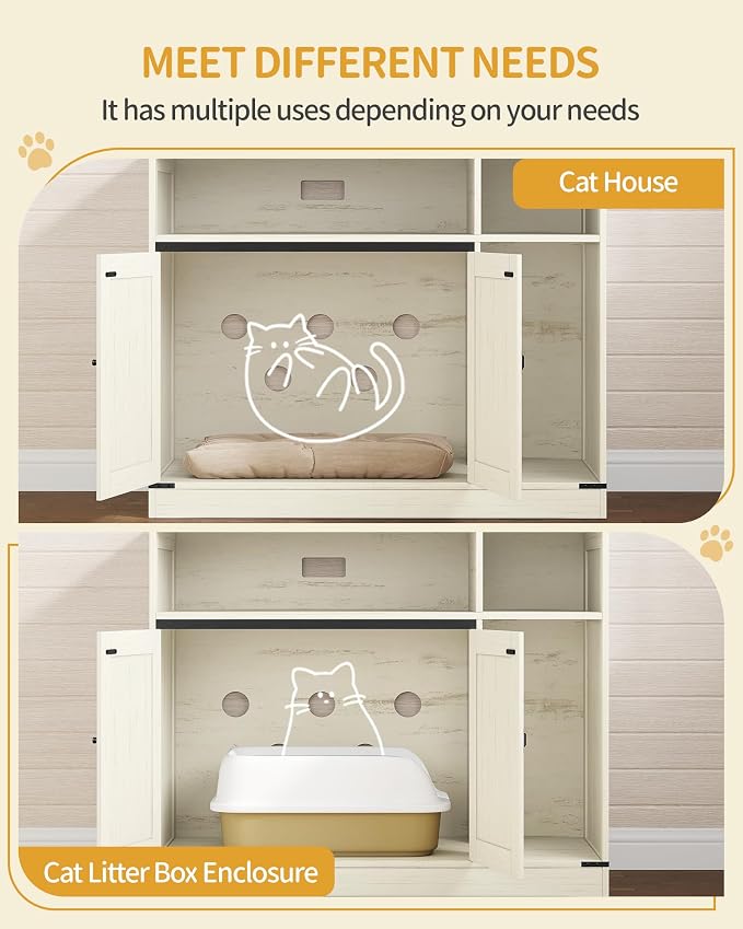 Hzuaneri Cat Litter Box Enclosure, Hidden Litter Box Furniture with Storage, Wooden Cat Cabinet with Scratch Pad, Farmhouse Cat Washroom, TV Stand End Table, Rustic Brown and White CB88614X