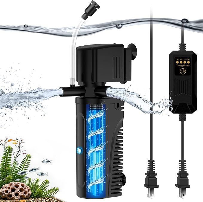 Aquarium U-V Filter for Green Water, Fish Tank Filter with U-V Light & Timer, Turtle Tank Filter with Dual Outlet & Aeration, for 10-30 Gallon Freshwater & Saltwater