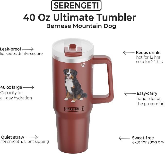 SERENGETI 40 Oz Ultimate Tumbler with Handle and Straw - Vacuum Insulated Tumbler with Straw and Lid - Stainless Steel Travel Mug for Pet Lovers - 3D Designs of your favorite Dog (Bernese Mt. Dog)