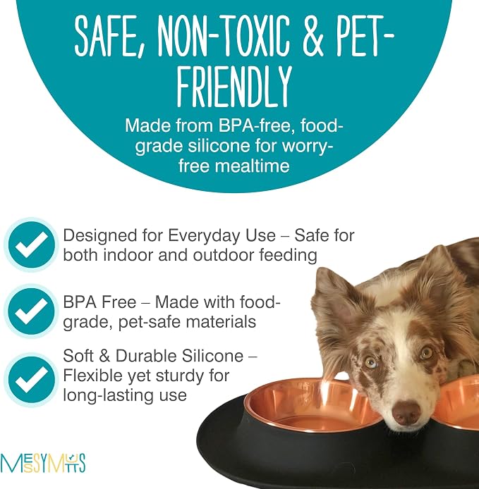 Messy Mutts Double Silicone Feeder with Copper-Colored Stainless Bowls | Non-Skid Food Dishes for Dogs for All Pets | Dog Food Bowls | Medium, 1.5 Cups Per Bowl | Black