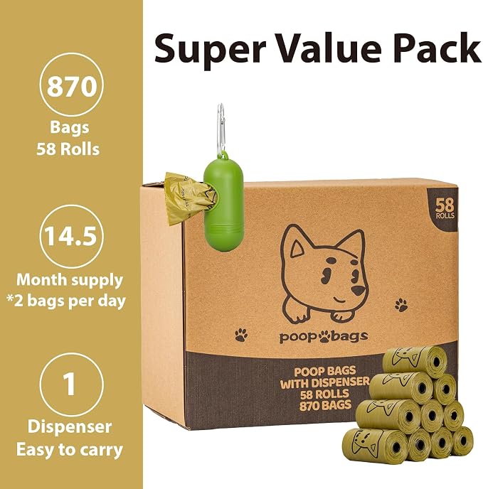 Scented Dog Poop Bags With Dispenser, Strong and Leak-proof Waste Bags for Pets, 870 Count (58 Packs of 15), 13 Inch x 9 Inch (Khaki)