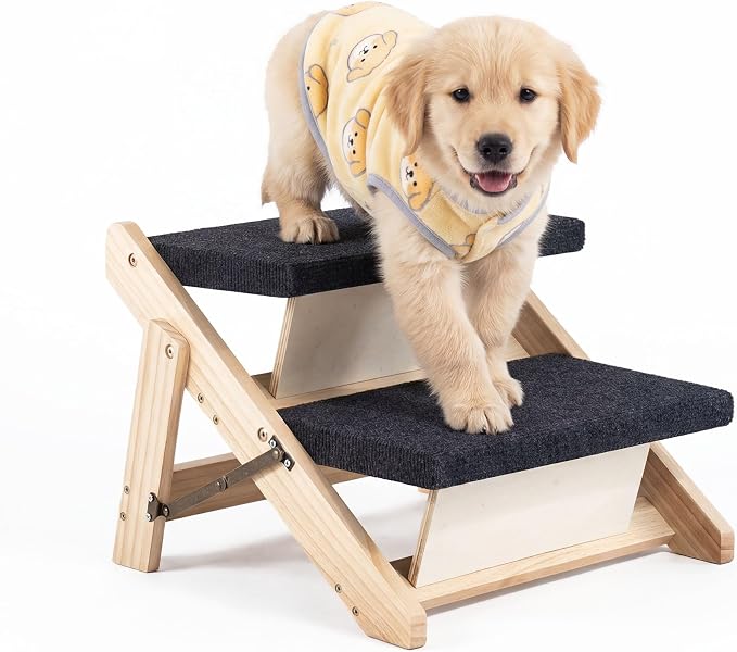MEWANG Wood Pet Stairs & Ramp for Small/Medium Dogs and Cats, Aging Pets – 2-in-1 Foldable, Portable, Non-Slip Pet Ladder for Tall Beds, Couches,Cars–Holds Up to 220 lbs (17.3" L x 17.2" W x 13.0" H)