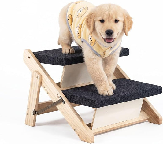 MEWANG Wood Pet Stairs & Ramp for Small/Medium Dogs and Cats, Aging Pets – 2-in-1 Foldable, Portable, Non-Slip Pet Ladder for Tall Beds, Couches,Cars–Holds Up to 220 lbs (17.3" L x 17.2" W x 13.0" H)