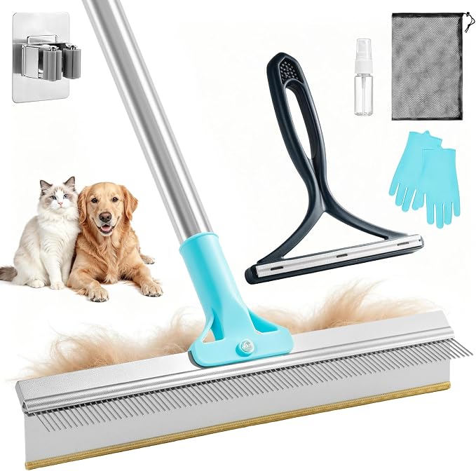 Carpet Rake for Pet Hair Removal Tool, 6 in 1 Pet Hair Remover Broom Kit, Cat Dog Carpet Rake with 53'' Adjustable Handle for Rugs, Mats, Couch