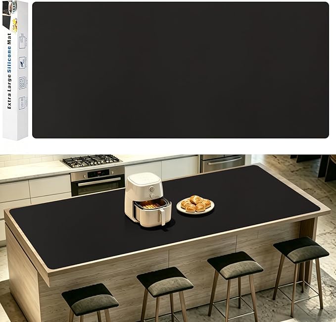 120" x 28" Extra Wide Kitchen Island Silicone Mat, Luxury Countertop Protector, Heat Resistant Waterproof Silicone Surface for Large Kitchen Islands, Baking, Food Prep & Appliances, Black
