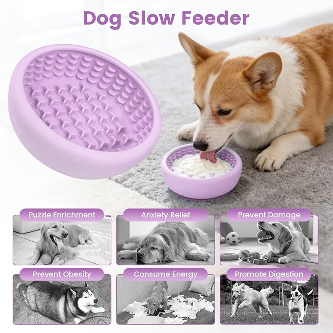 Dog Slow Feeder Licking Bowl,Freezeable Anxiety Relief Treat Dispenser, Non-Slip Anti-chocking Pet Dish, Interactive Puzzle Toy for Small Medium Breed,Freezable BPA Free Silicone Dishwasher Safe