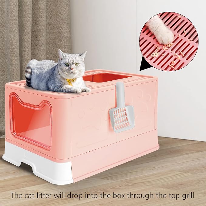 ROCCS Foldable Pink Cat Litter Box with Lid,No Smell Large Top Entry Litter Box with Cat Litter Scoop,Covered Drawer Type Kitty Potty,Including Fur Brush & Cleaning Glove, 20" x 16" x 15"