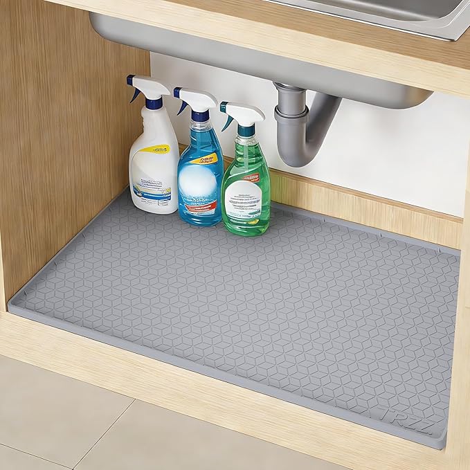 TRZZ Silicone Waterproof Under Sink Mat 31" x 22", Drip Tray and Cabinet Liner for Kitchen and Bathroom, Prevents Water Damage and Organizes Cabinets (Grey)