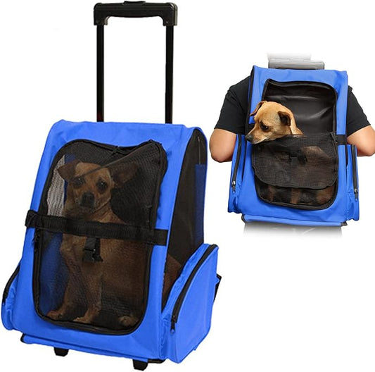 Portable Pet Travel Carrier & Backpack Luggage, Pet Carrier Stroller Trolley Bag with Wheels Soft-Sided Dog Cat Puppy Rolling Carrier with Telescopic Handle