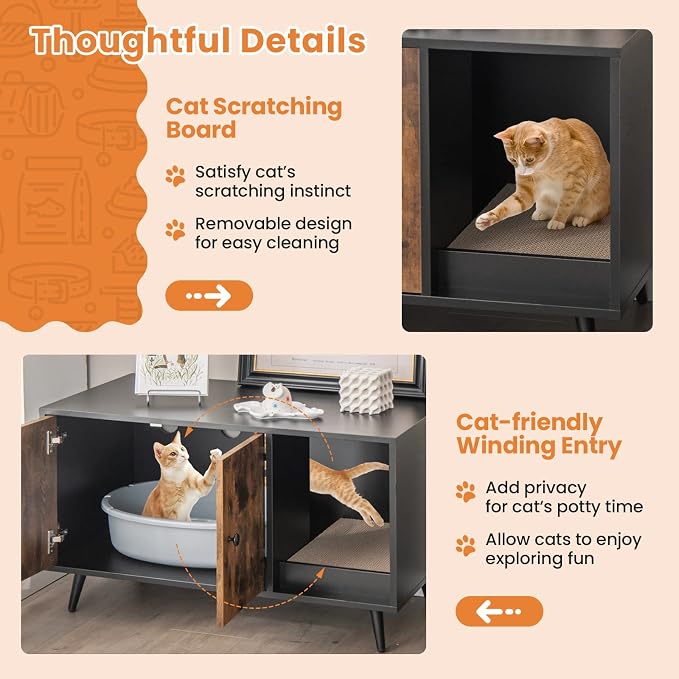 Giantex Cat Litter Box Enclosure, Hidden Cat Washroom Furniture, 2-Door Cabinet, Front Entry, 3 Vent Holes, Cat Scratching Pad, Wooden Pet House Crate End Table for Living Room (Black & Rustic Brown)