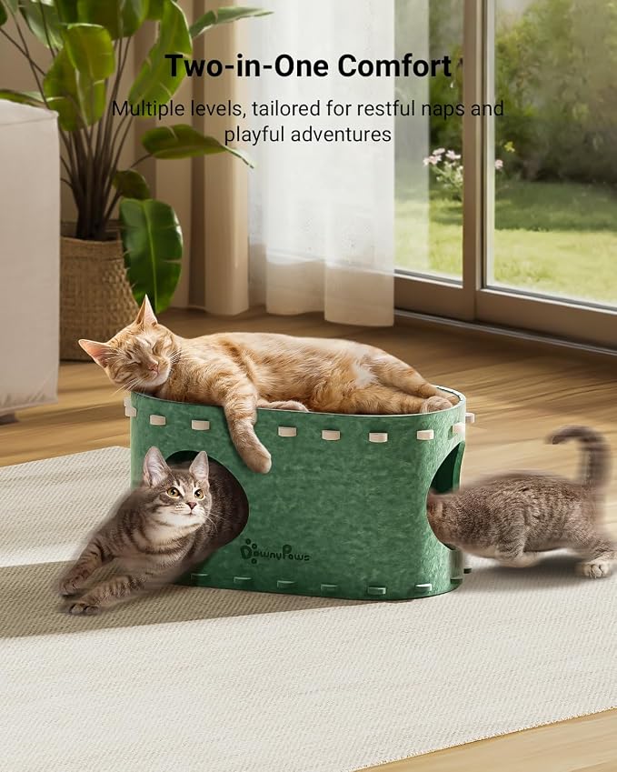 DownyPaws Cat House for Indoor Cats, Cat Bed Cave for Multiple & Large Cats Up to 22 Lbs, Scratch Resistant Peekaboo Cat Caves, Foldable Tunnel Enclosed Bed, PeekaPurr, Forest